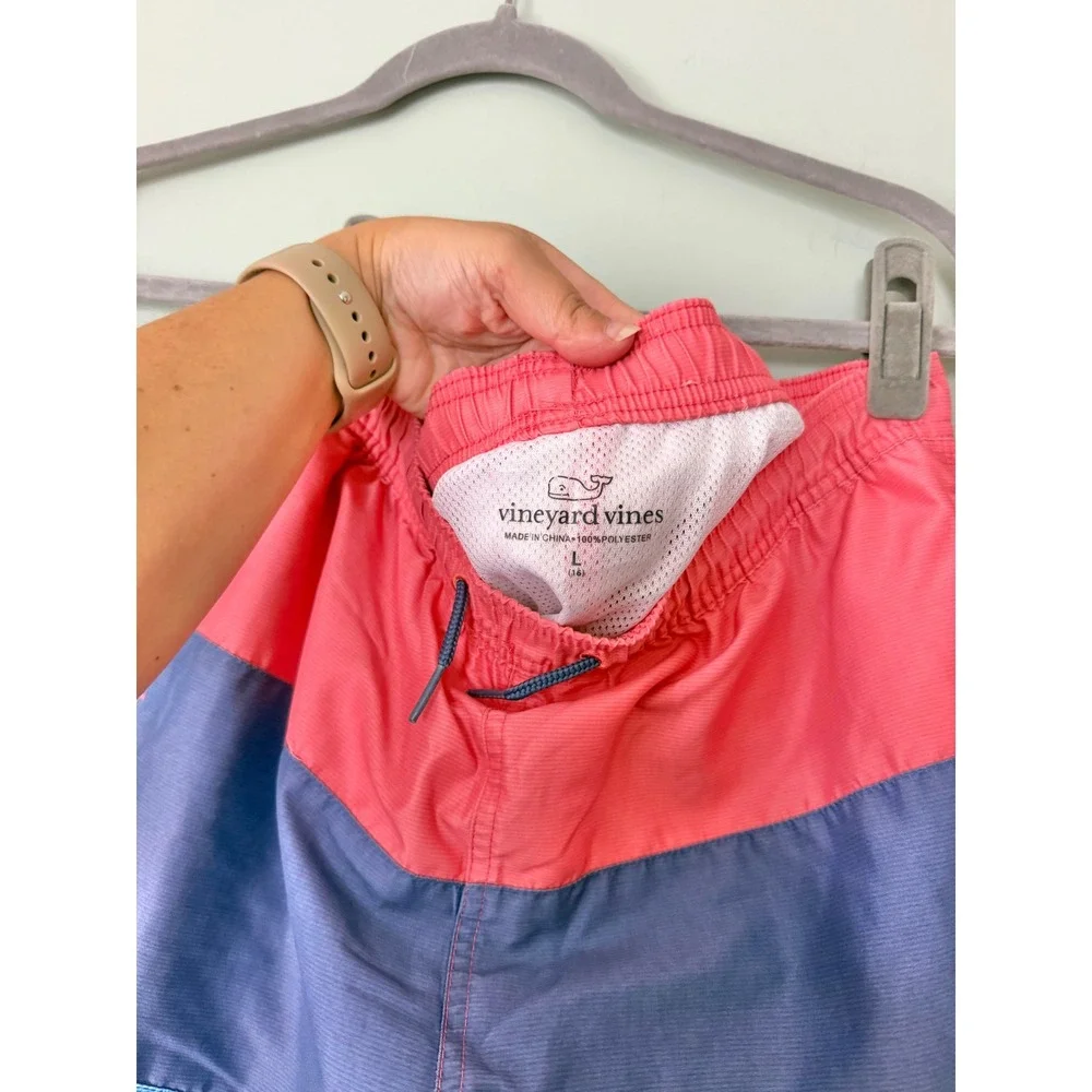 Vineyard Vines Chappy Swim Trunks Bathing Suit Blue Pink Stripes Boys'  Large/16